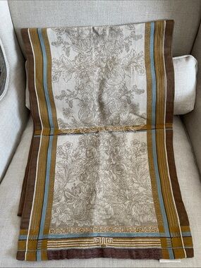 Williams Sonoma Brown Cream and Blue Striped Floral Table Runner